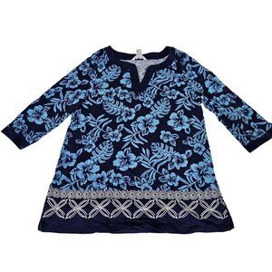Tommy Bahama Blue Tropical Hibiscus Floral Print Embroidered Tunic Top S/P